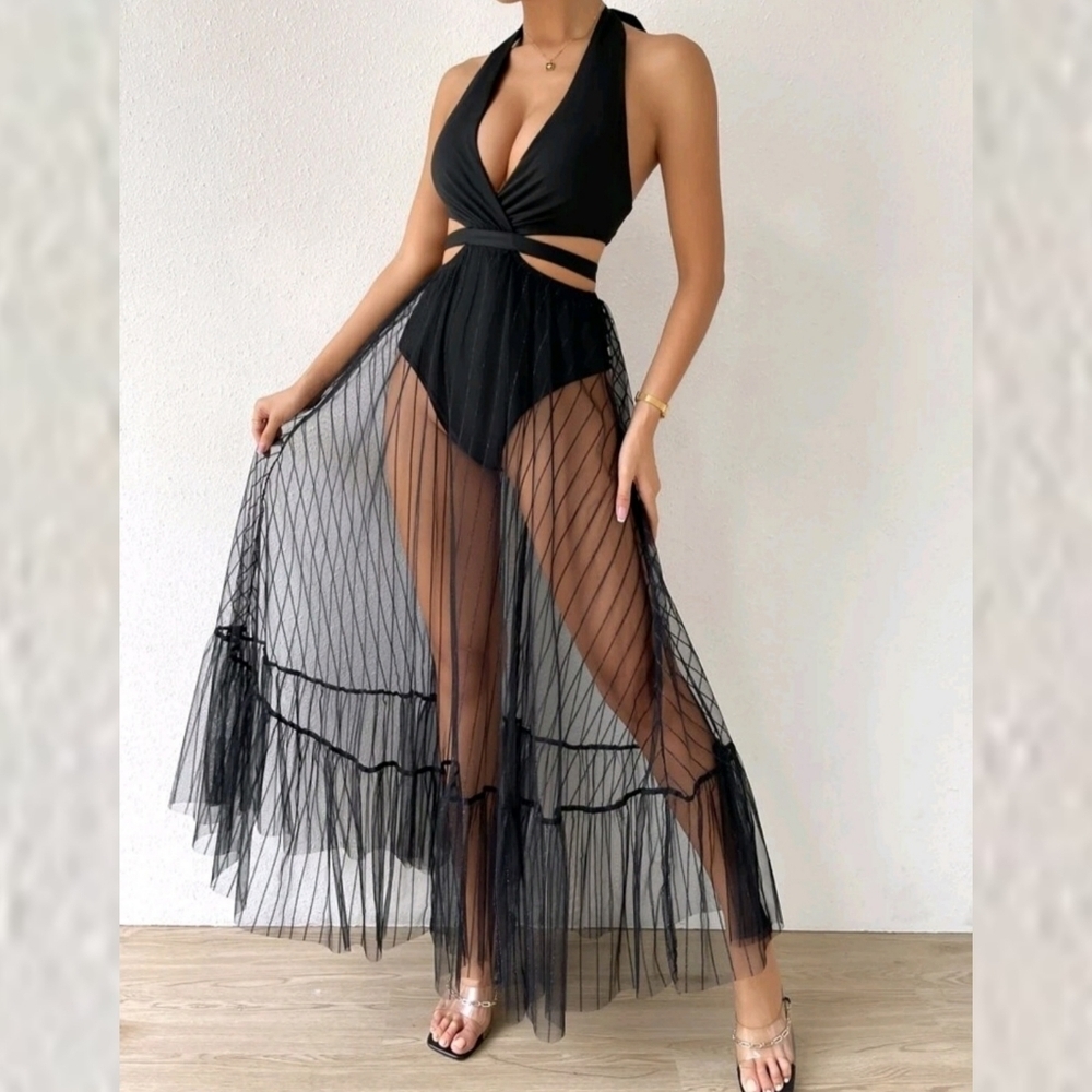 TIE BACKLESS MESH OVERLAY RUFFLE HEM HALTER DRESS WITH BODY SUIT - Picture 2 of 10